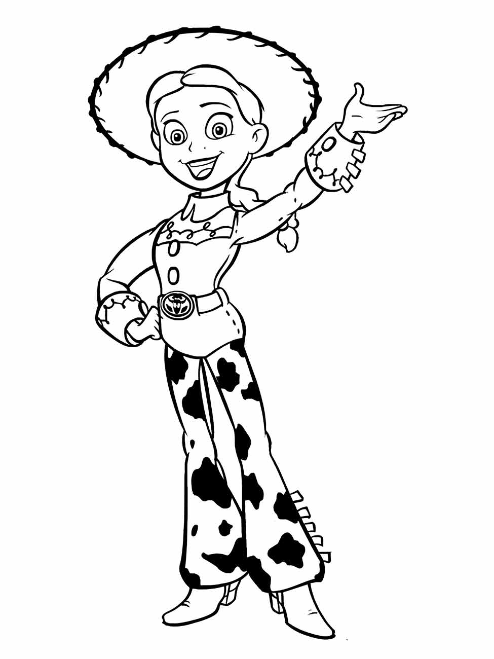 Descrição: Desenho para colorir de Jessie, a Yodeling Cowgirl, sorrindo e acenando.