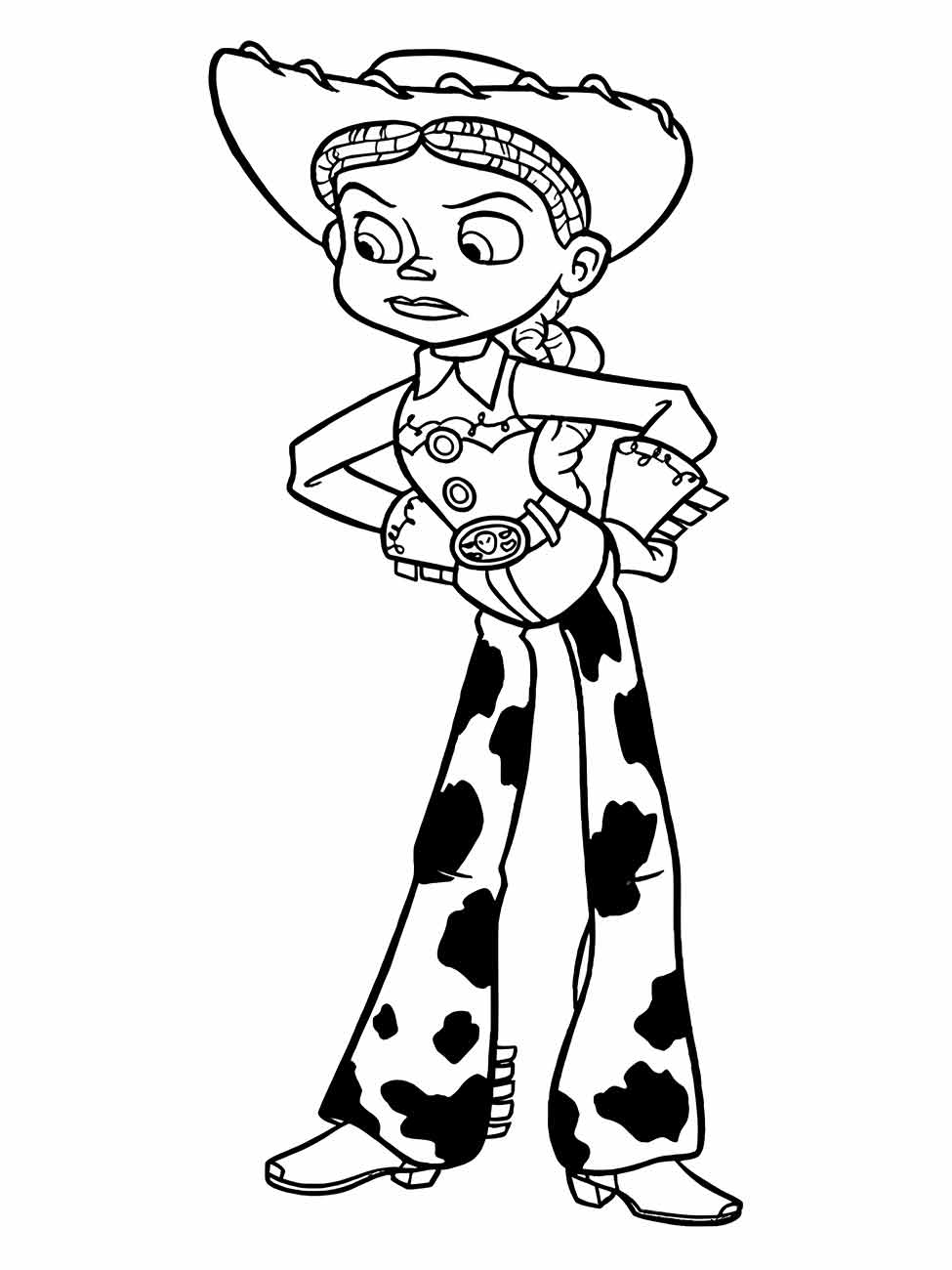 Desenho para colorir de Jessie, a vaqueira, com um olhar determinado.