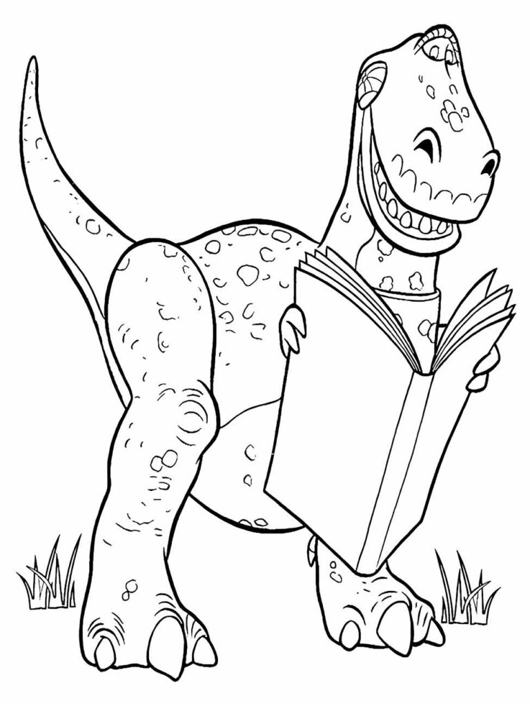 Desenho para colorir de Rex, o dinossauro verde, lendo um livro.