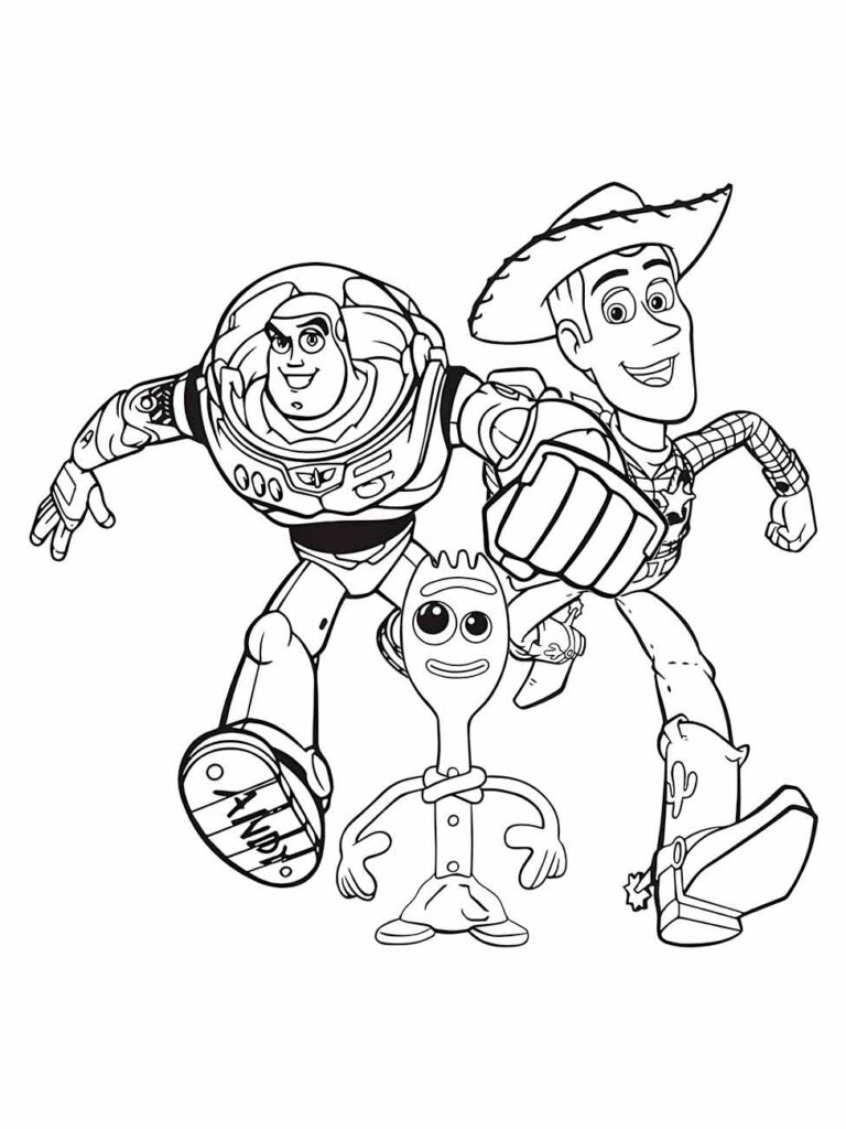 Desenho para colorir de Woody e Buzz Lightyear correndo com Garfinho à frente.