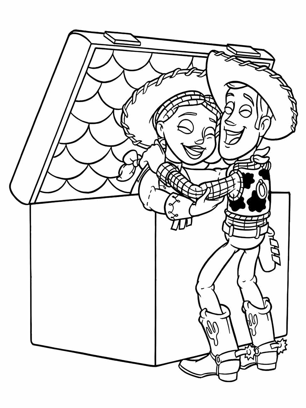 Desenho para colorir de Woody e Jessie abraçados e sorrindo dentro de uma caixa.