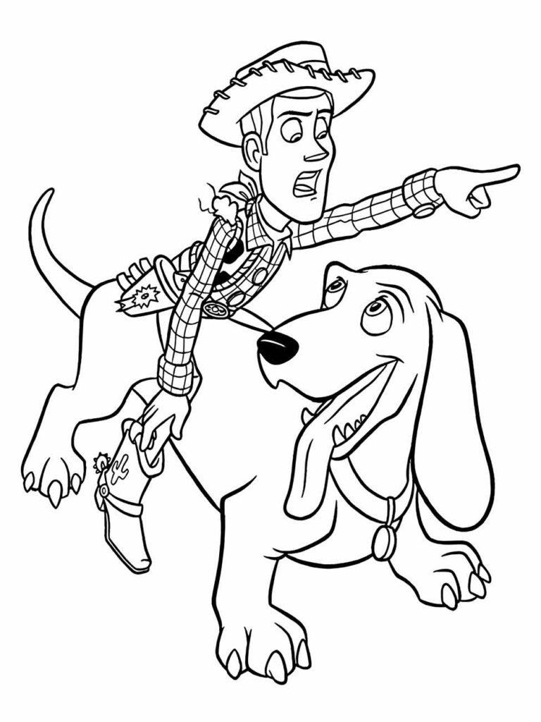 Desenho para colorir de Xerife Woody em cima de Slinky Dog apontando para a frente.