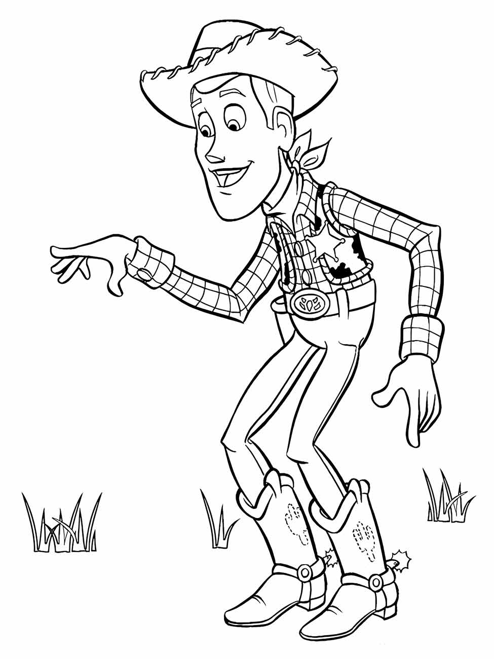 Desenho para colorir de Xerife Woody com o braço estendido e expressão animada.