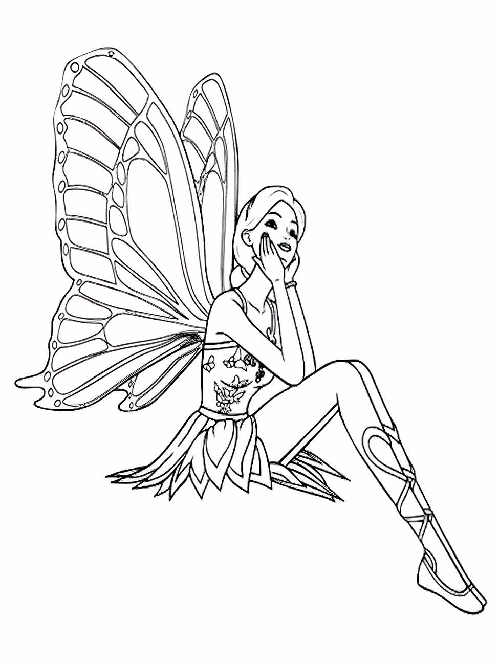 Desenho para colorir de fada sentada com asas de monarca e olhar pensativo.