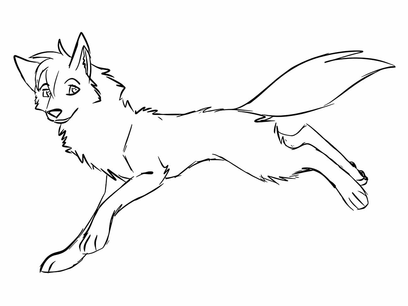 Desenho animado de lobo correndo para colorir, com expressão amigável.