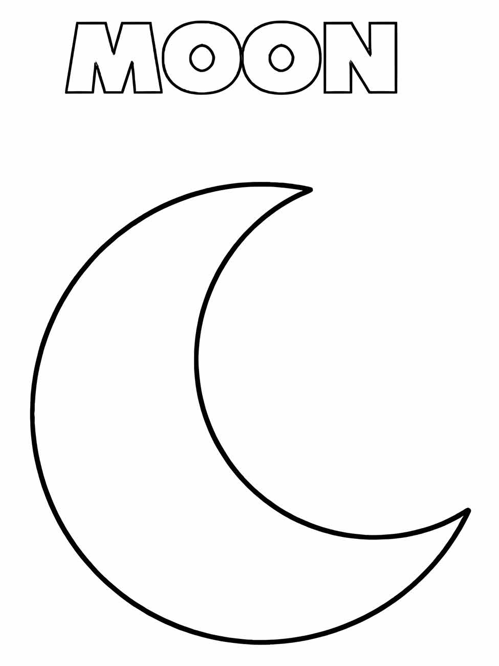 desenho da Lua para colorir e imprimir com texto "MOON" e design simples para crianças.