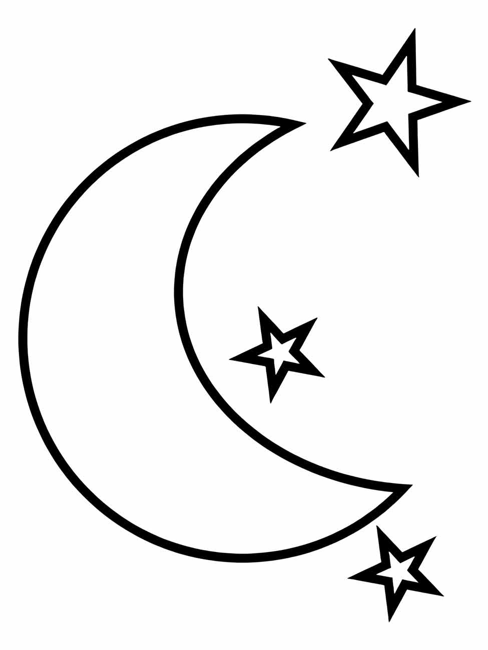 Desenho de lua crescente para colorir, com3 estrelas de cinco pontas ao redor.