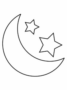 Imagem simples da lua crescente para colorir com duas estrelas maiores.