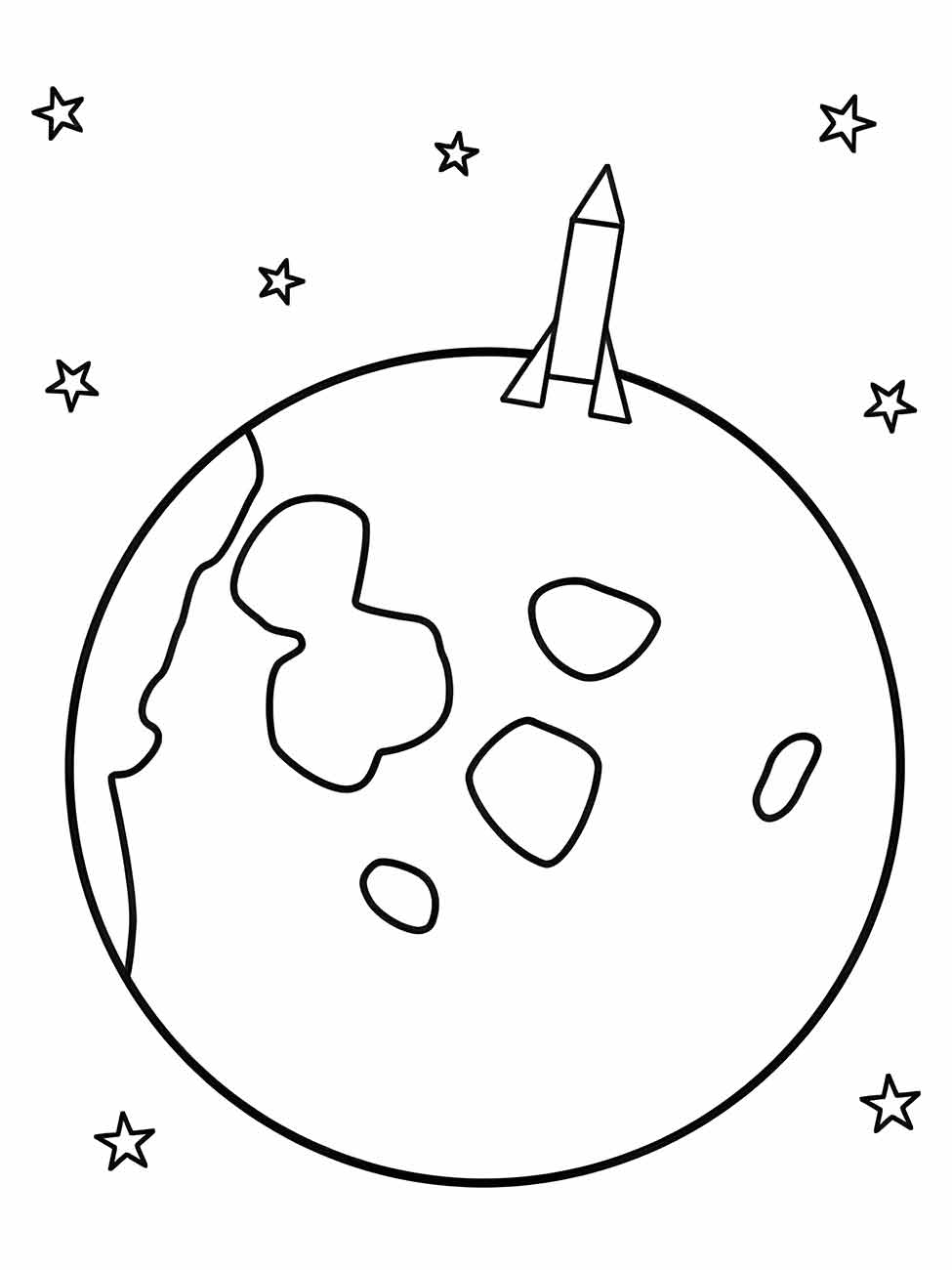 Desenho de lua para colorir com estrelas dispersas e uma nave espacial pousada.