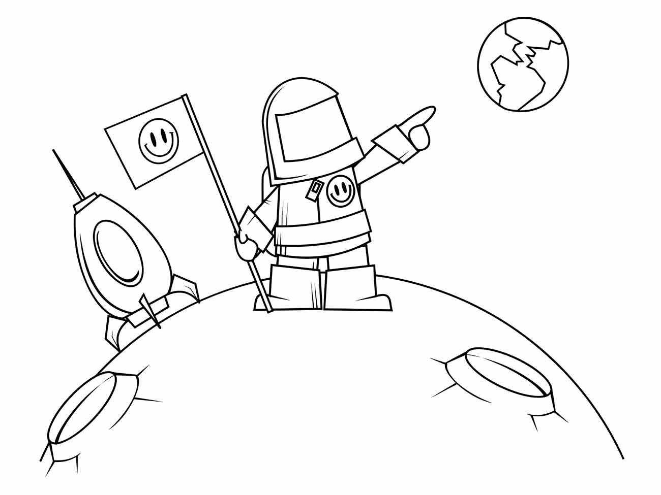 Imagem da lua para colorir com um astronauta segurando uma bandeira e a Terra ao fundo.