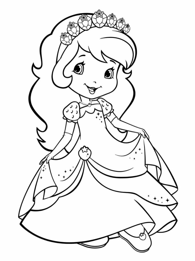 Desenhos da Moranguinho para colorir e imprimir, em estilo princesa.