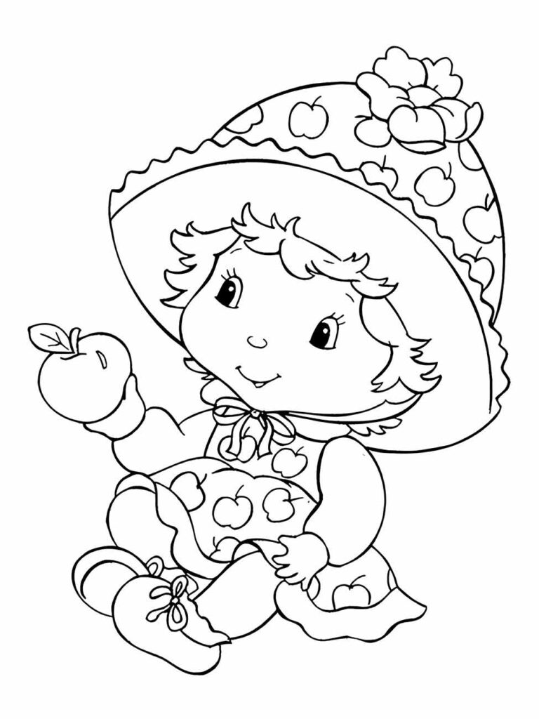 Moranguinho para colorir, com a personagem segurando uma maçã.