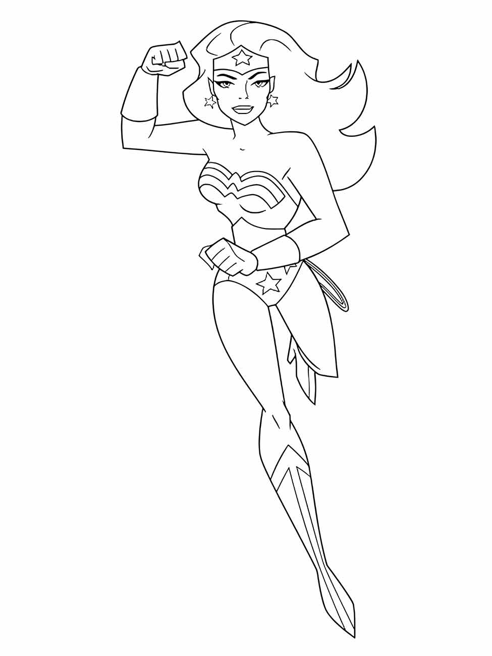 Desenho para colorir da Mulher Maravilha em pose de força com punho erguido.