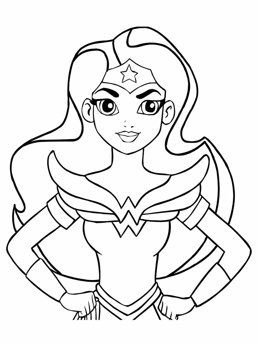 Desenho para colorir da Mulher Maravilha em estilo adolescente, com postura de confiança.