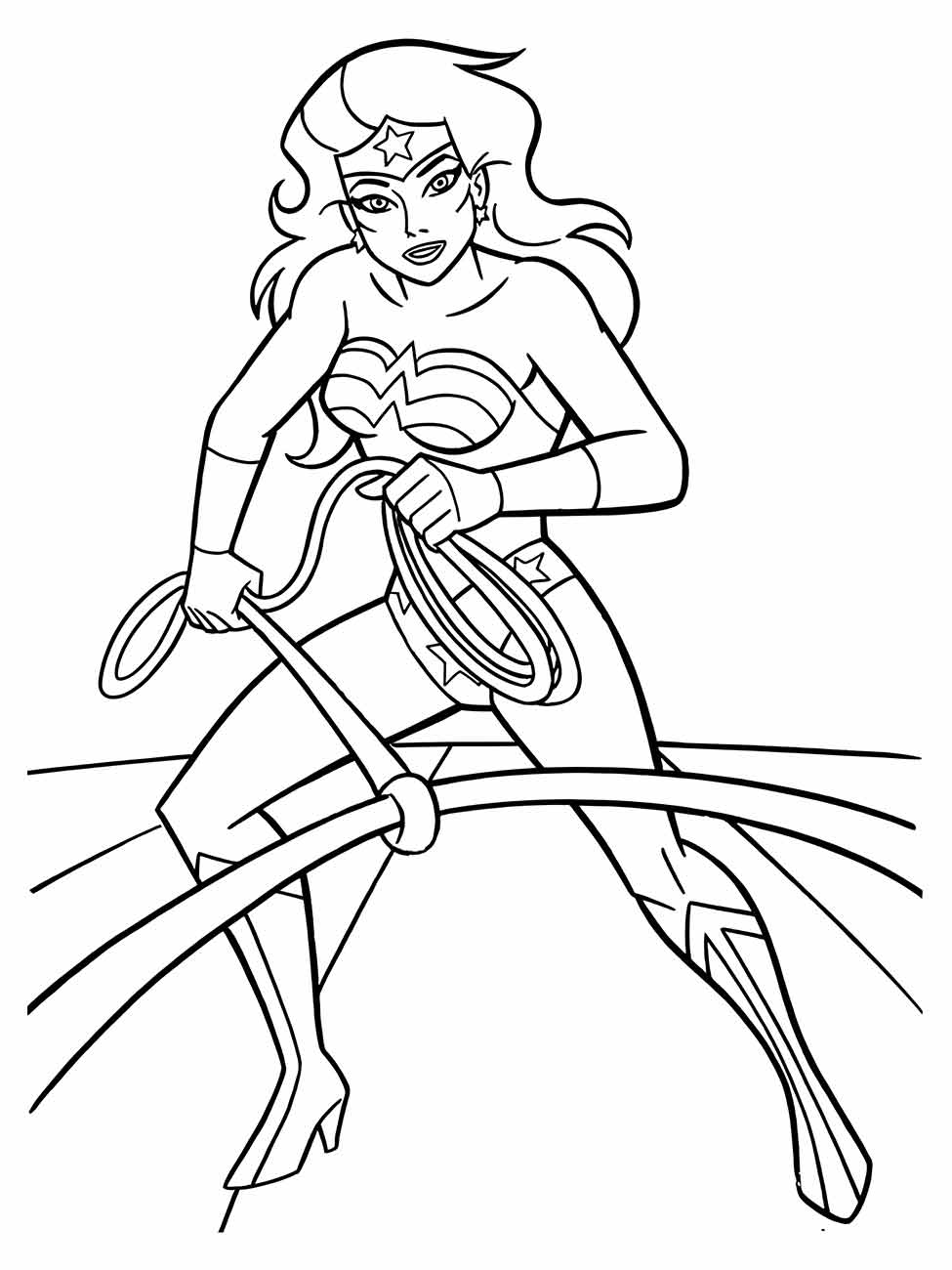 Desenho para colorir da Mulher Maravilha com o laço mágico, em pose de ação.