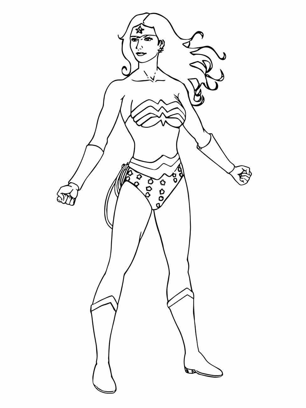 Desenho para colorir da Mulher Maravilha em uma pose clássica, com cabelo ao vento.