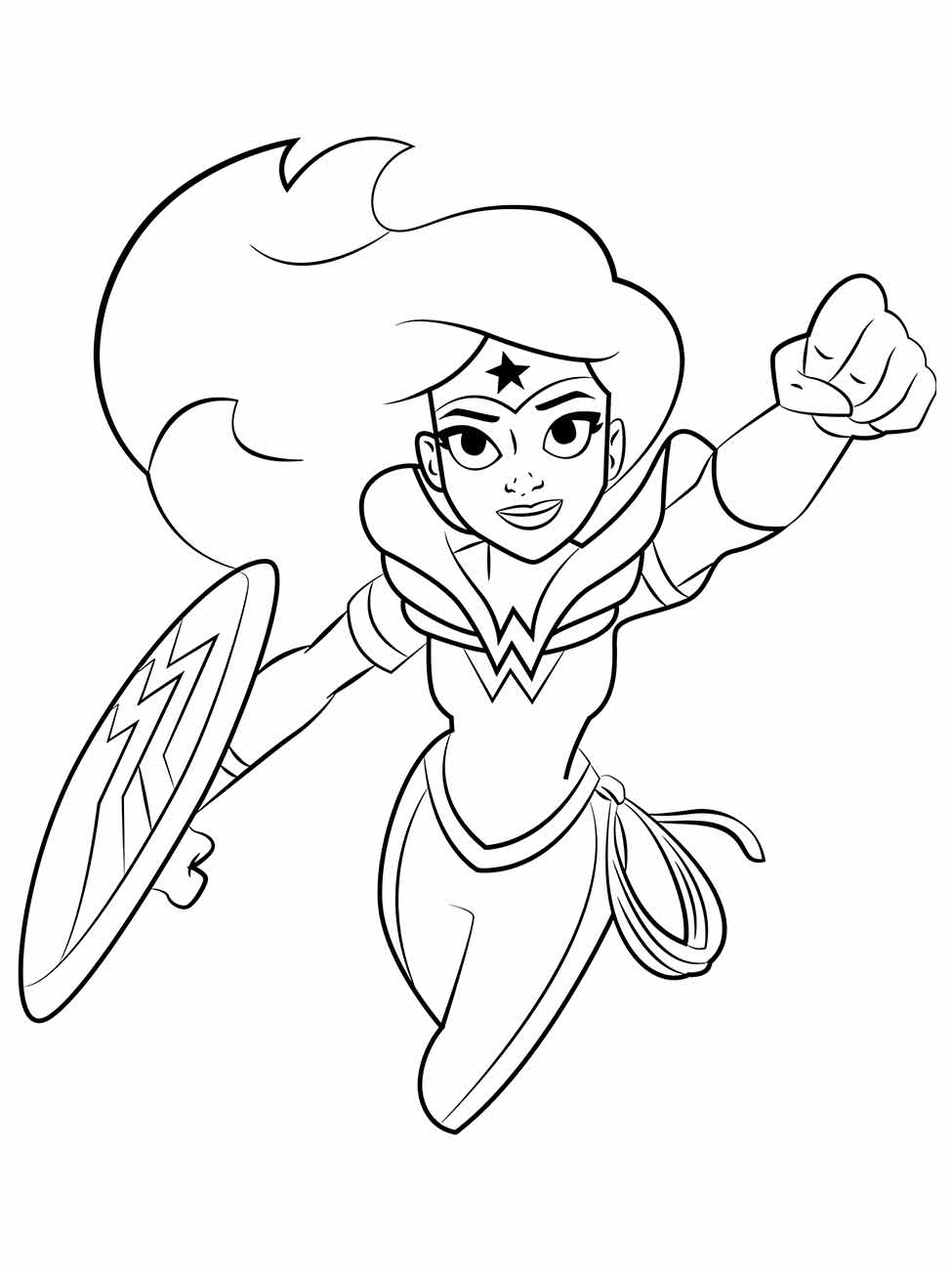 Desenho para colorir da Mulher Maravilha com escudo.