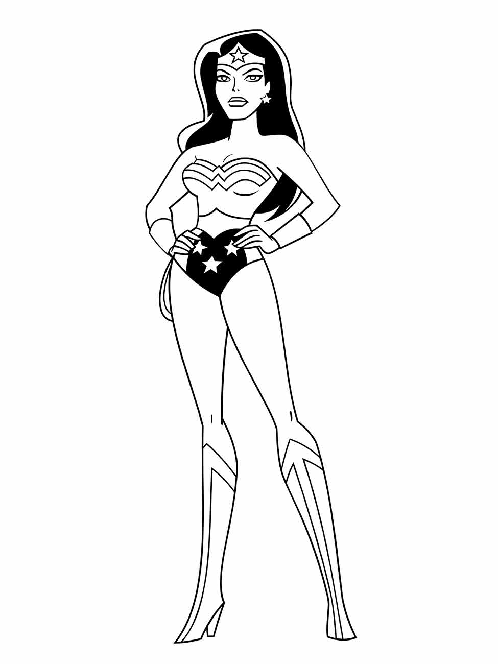 Desenho para colorir da Mulher Maravilha em pé, com expressão confiante e pose de super-heroína.