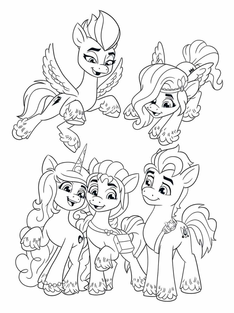 Desenho para colorir My Little Pony com Pipp Petals, Zipp Storm, Sunny Starscout e Hitch Trailblazer juntos.