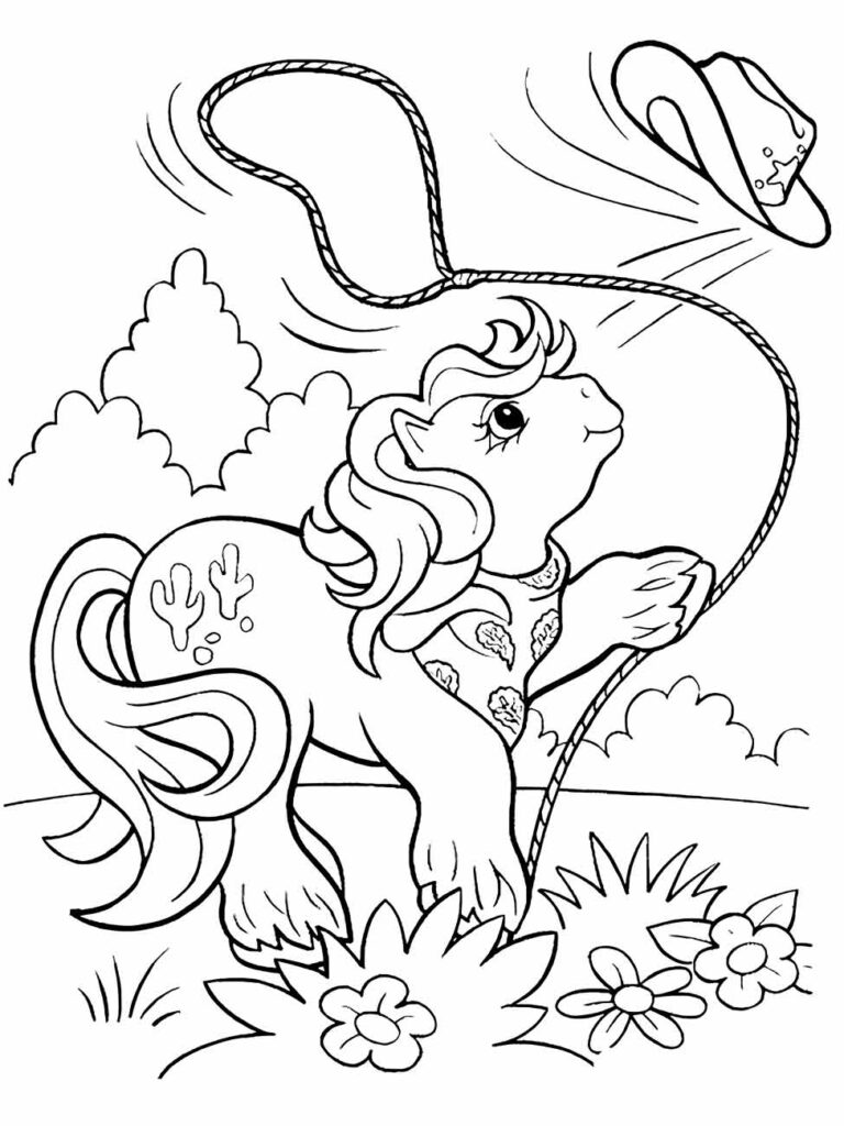 Desenho para colorir My Little Pony com applejack cowboy laçando com um chapéu de cowboy.