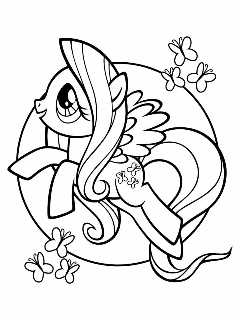 Desenho para colorir My Little Pony de Fluttershy com borboletas e expressão contente.