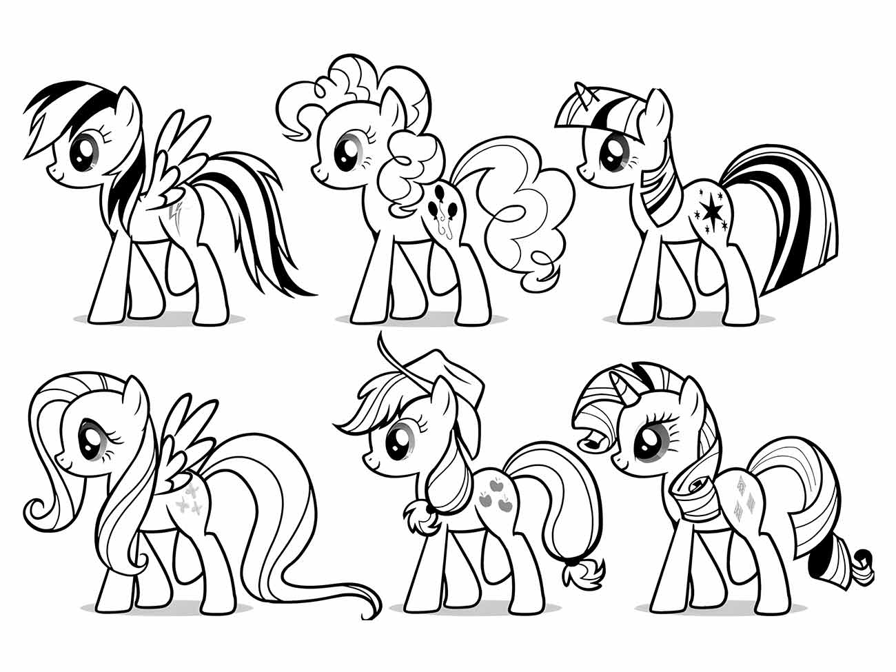 Desenho para colorir de My Little Pony mostrando Twilight Sparkle, Pinkie Pie, Rainbow Dash, Rarity, Fluttershy e Applejack em posições clássicas.