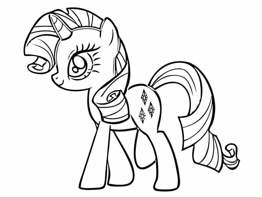 Desenho de my little pony Rarity com sua crina ondulada e detalhes de armadura para colorir