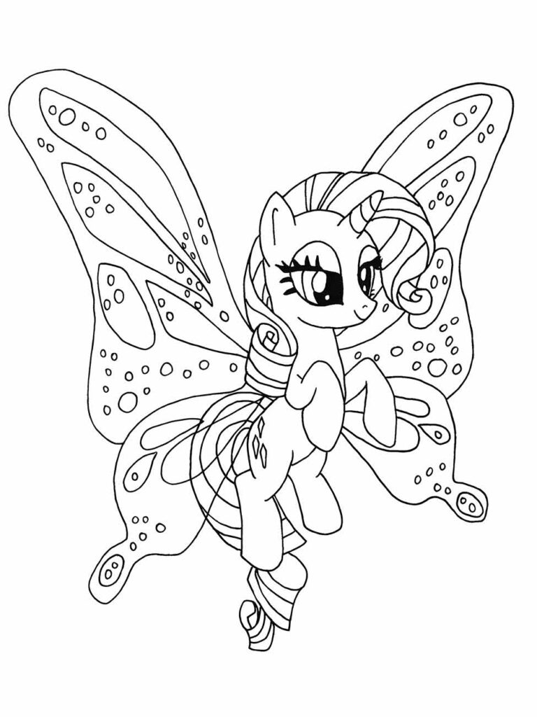 Desenho para colorir My Little Pony Rarity com grandes asas de borboleta.