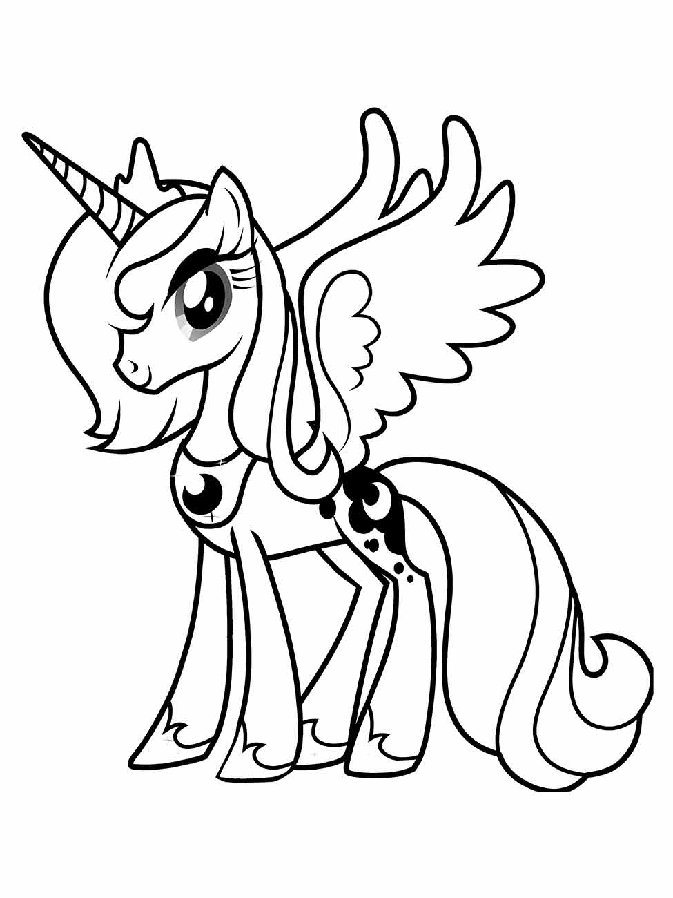 Desenho para colorir My Little Pony de Princesa Celestia com crina ondulante e expressão serena.