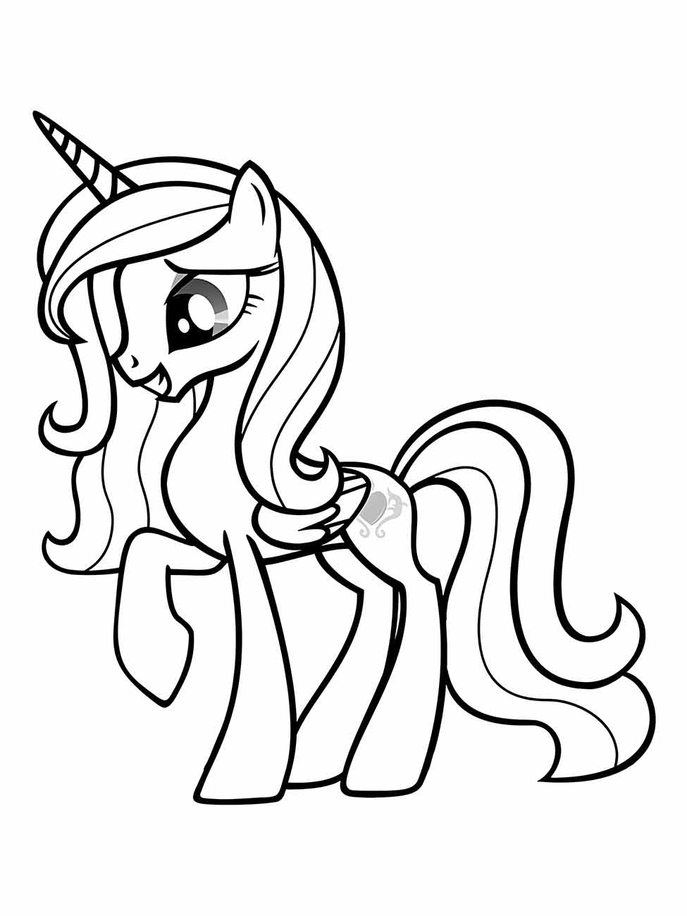 Desenho para colorir My Little Pony de Princesa Luna com crina ondulada e olhar gentil.