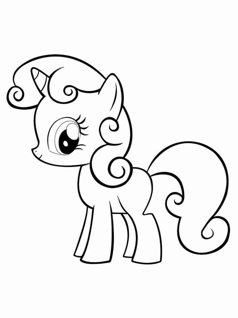 Desenho para colorir My Little Pony Sweetie Belle com crina encaracolada.