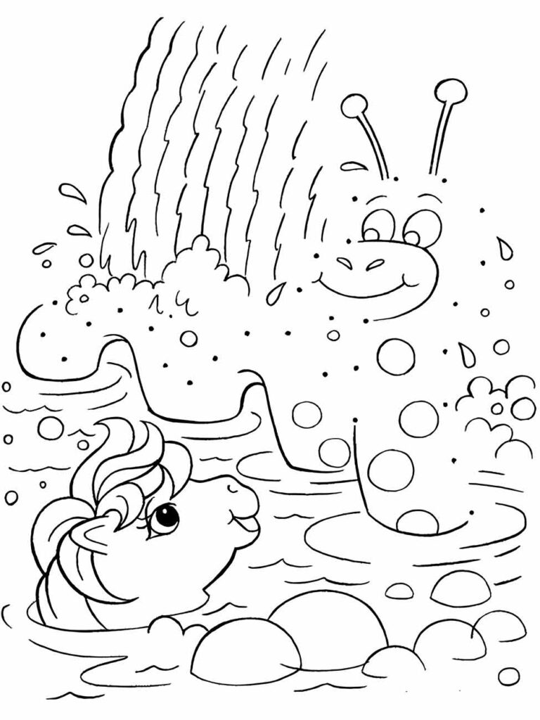 Desenho para colorir My Little Pony com rainbow dash brincando na chuva.