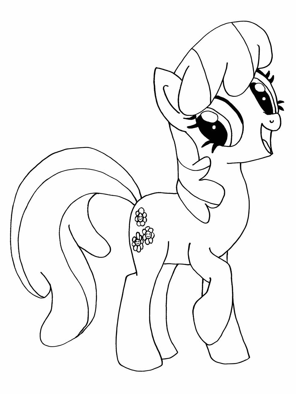 Desenho para colorir My Little Pony de Sweetie Belle sorrindo com flores no flanco.