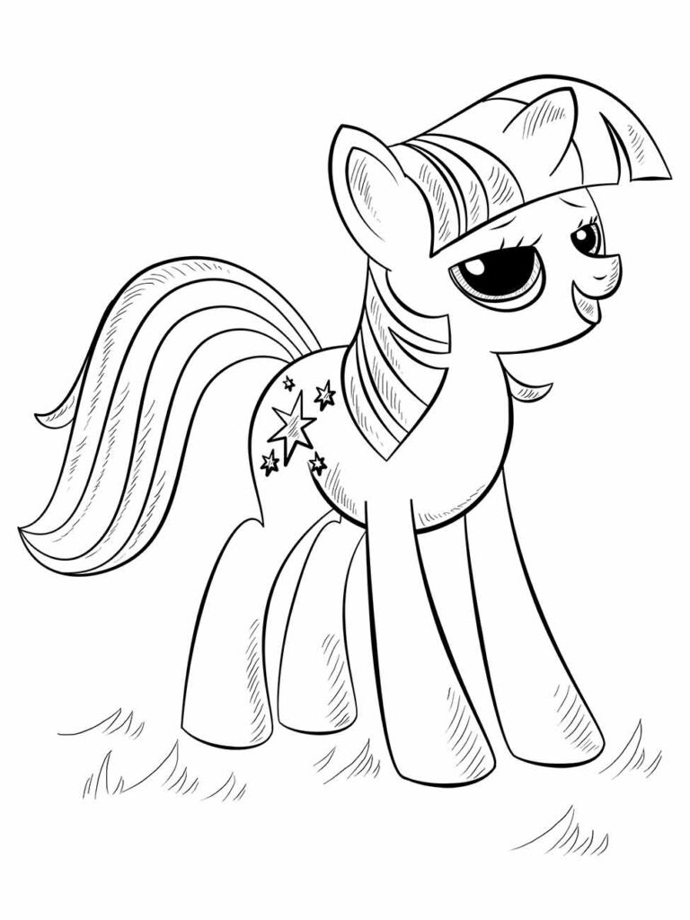 Desenho para colorir My Little Pony de Twilight Sparkle andando feliz no campo.