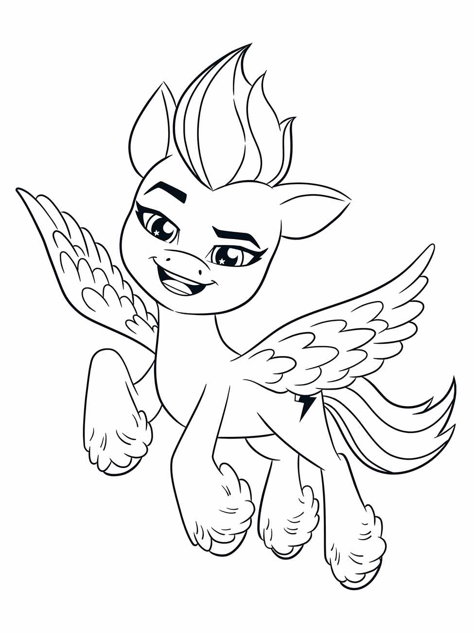 Desenho para colorir My Little Pony de Zipp Storm com asas e olhar confiante.