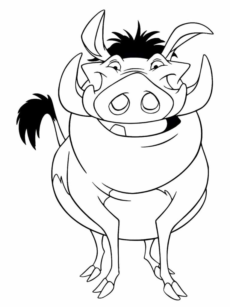 Desenho de Pumba para colorir, do Rei Leão, com seu sorriso característico e pose amigável.