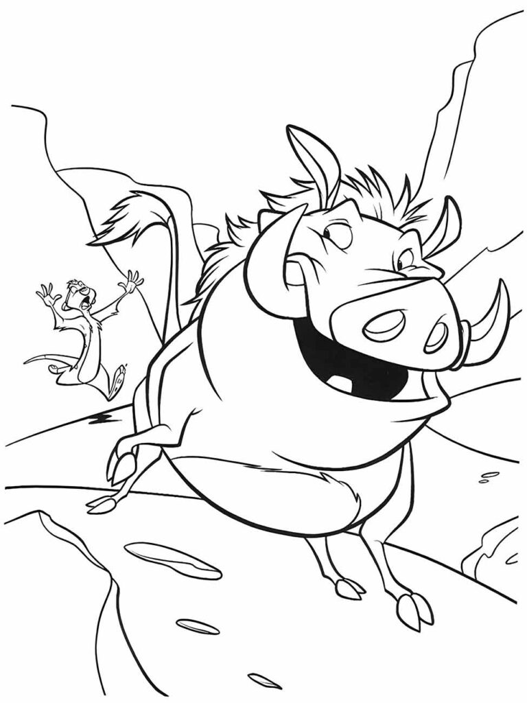Desenho do Pumba para colorir com Timão assustado ao fundo, em uma corrida animada.