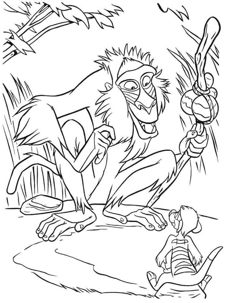 Desenho para colorir do Rei Leão com Rafiki segurando o bastão e timão observando curioso.