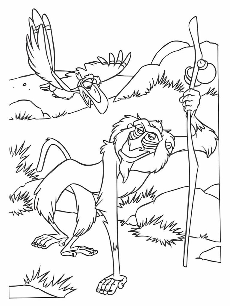 Desenho de Rafiki e Zazu para colorir, do Rei Leão, com Rafiki segurando seu cajado e Zazu voando.
