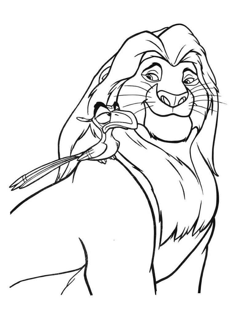 Desenho para colorir do Mufasa com Zazu em suas costas, uma cena clássica do Rei Leão.