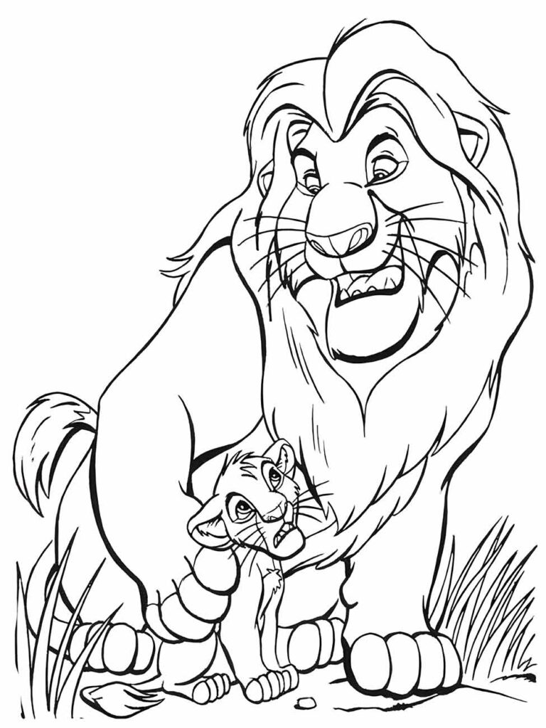 Desenho para colorir e imprimir do Rei Leão com Mufasa e um jovem Simba, uma cena de pai e filho.