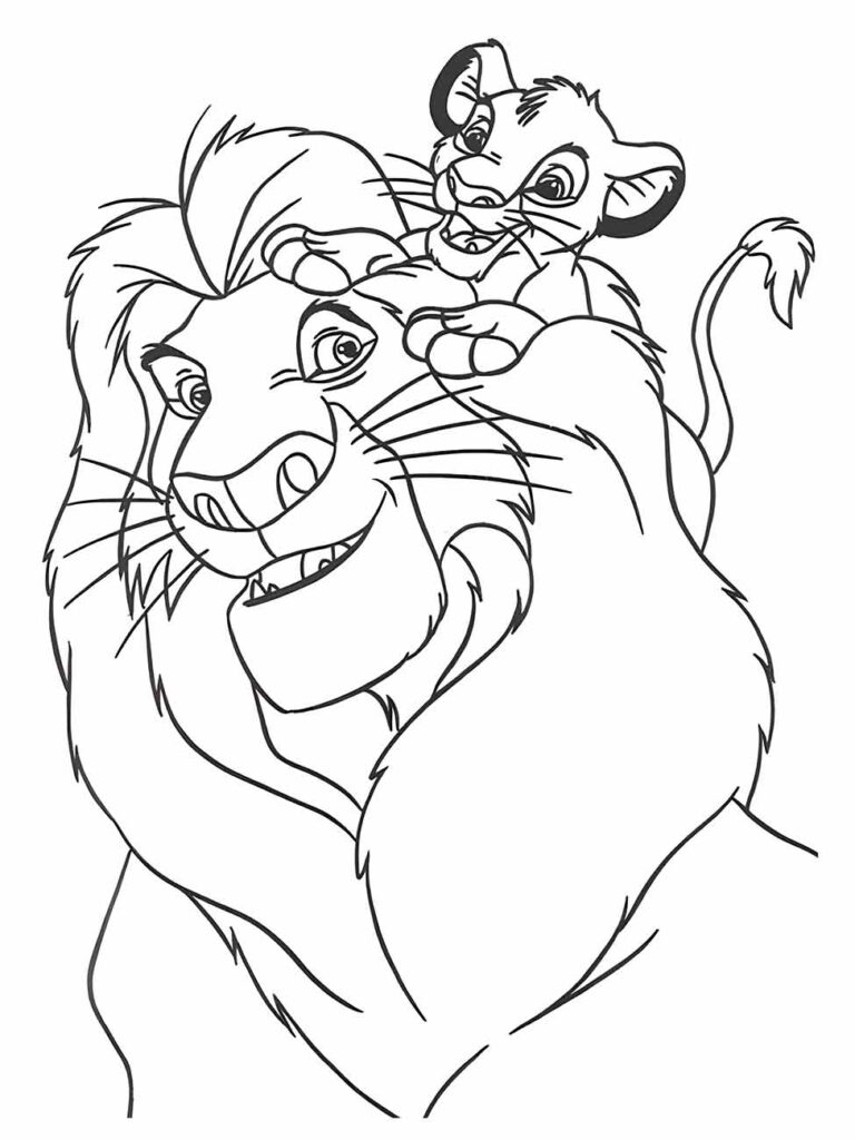 Desenho de Simba e Mufasa para colorir, capturando a ligação entre pai e filho no Rei Leão.