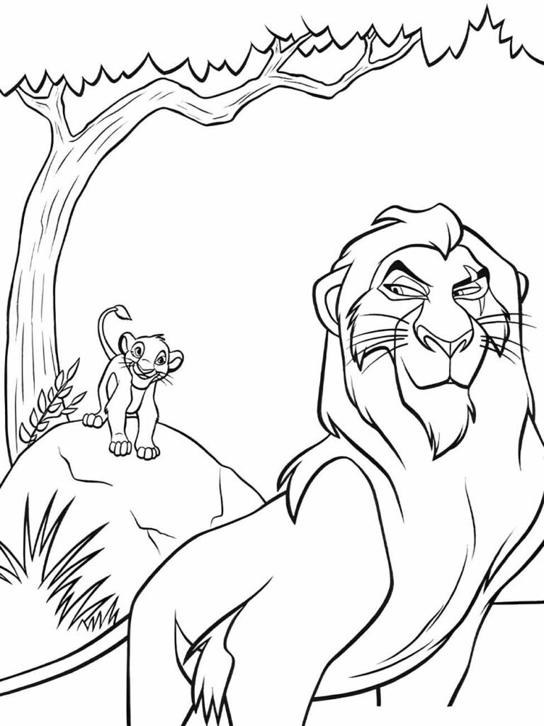Desenho para colorir do Rei Leão, Mufasa e Simba no fundo.
