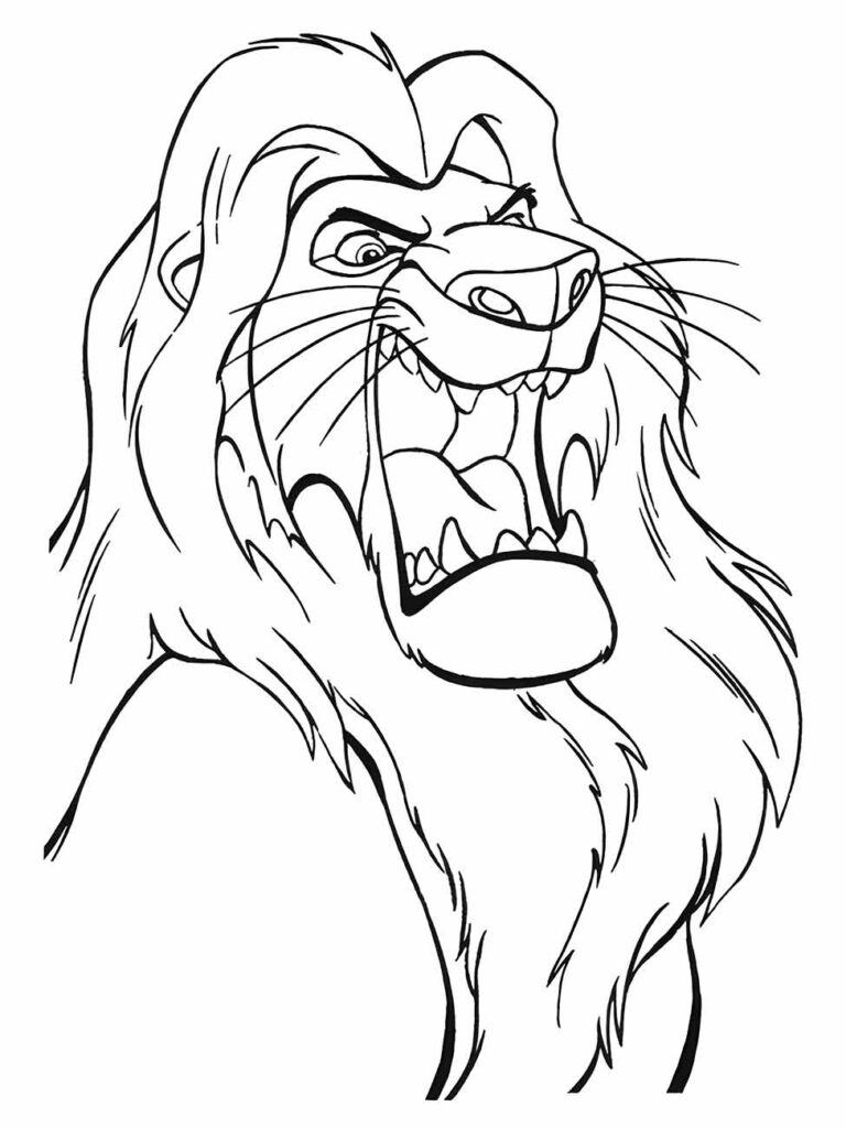 Desenho do Rei Leão para colorir mostrando um Mufasa feroz, perfeito para os fãs.