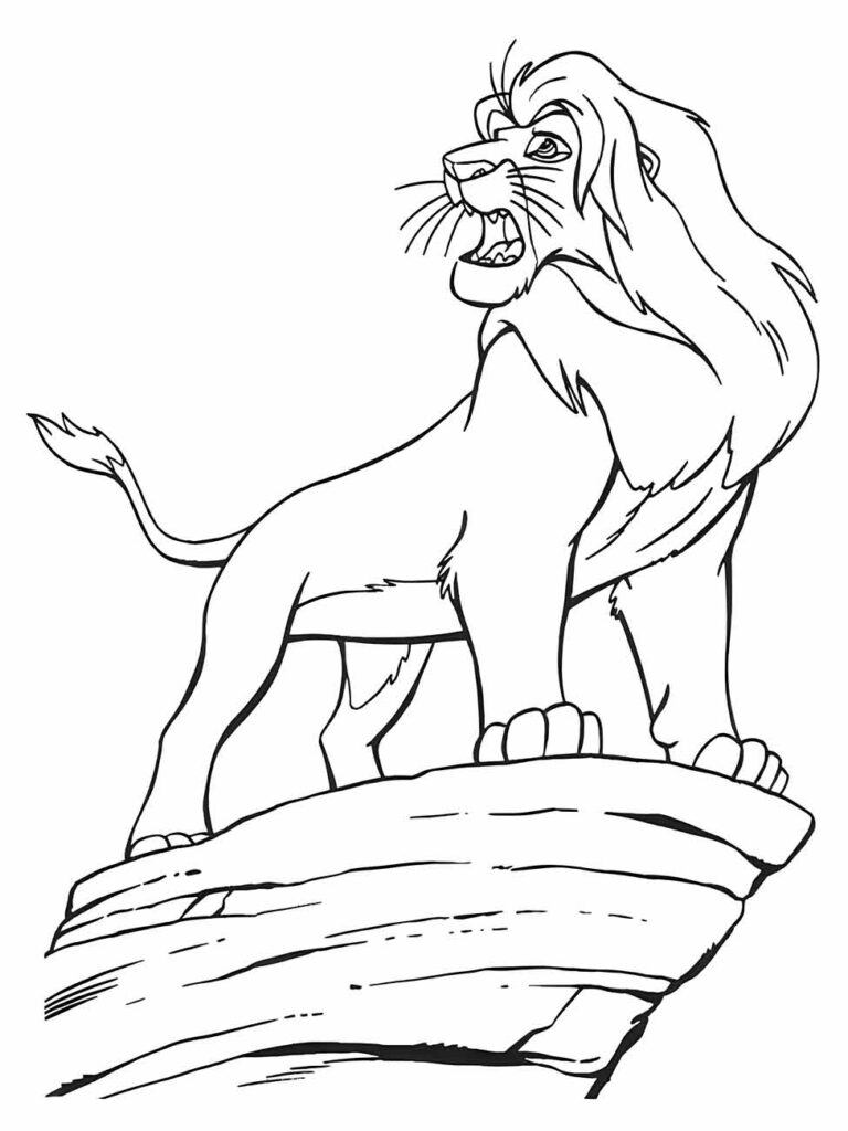 Desenho para colorir de Mufasa sobre a Pedra do Rei, um ícone clássico do filme Rei Leão.