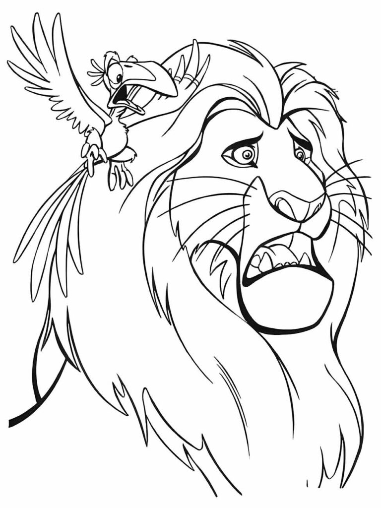 Desenho de Mufasa e Zazu para colorir, capturando a relação entre o rei e seu conselheiro.