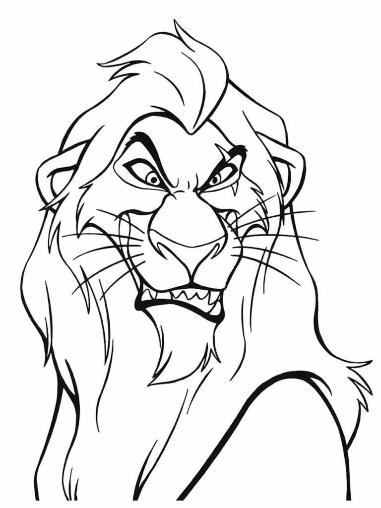Desenho do Rei Leão para colorir com Scar mostrando seu olhar malévolo e sorriso astuto.