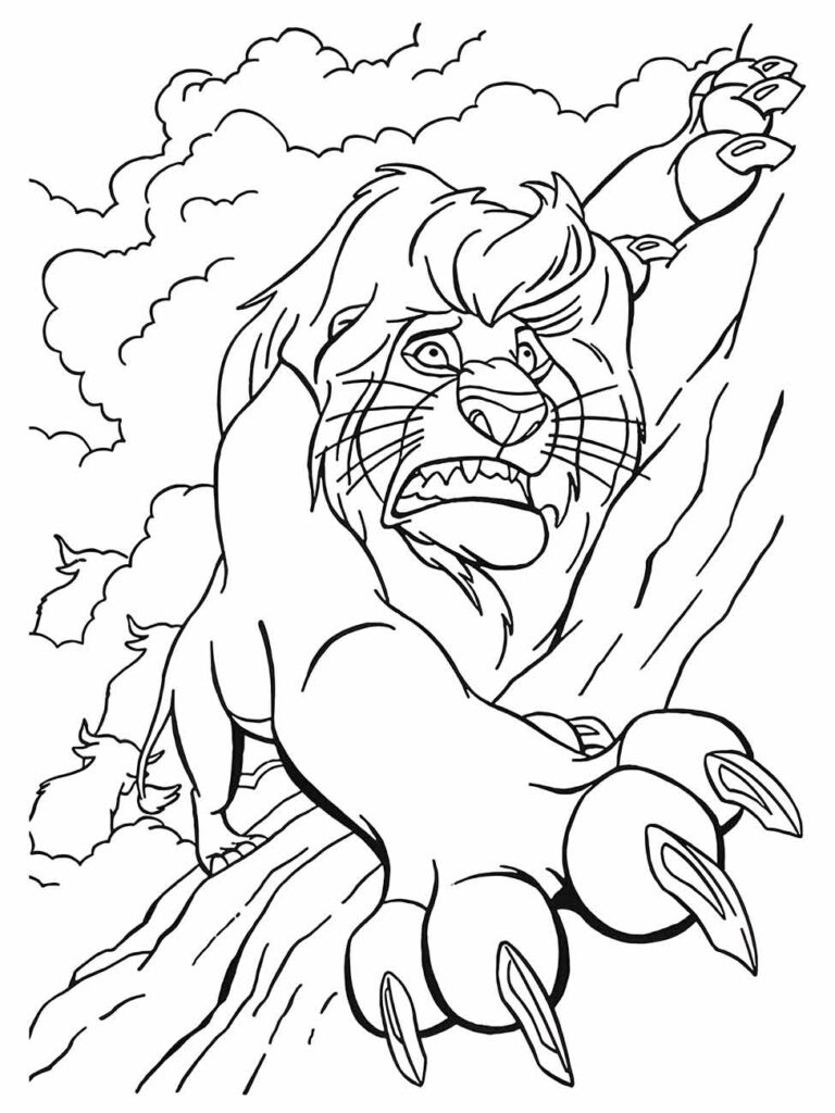 Desenho para colorir do Rei Leão com Scar em um momento de fúria, com as garras de fora.