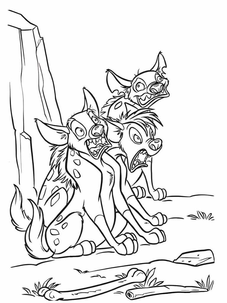 Desenho para colorir do Rei Leão, hienas Shenzi, Banzai e Ed.