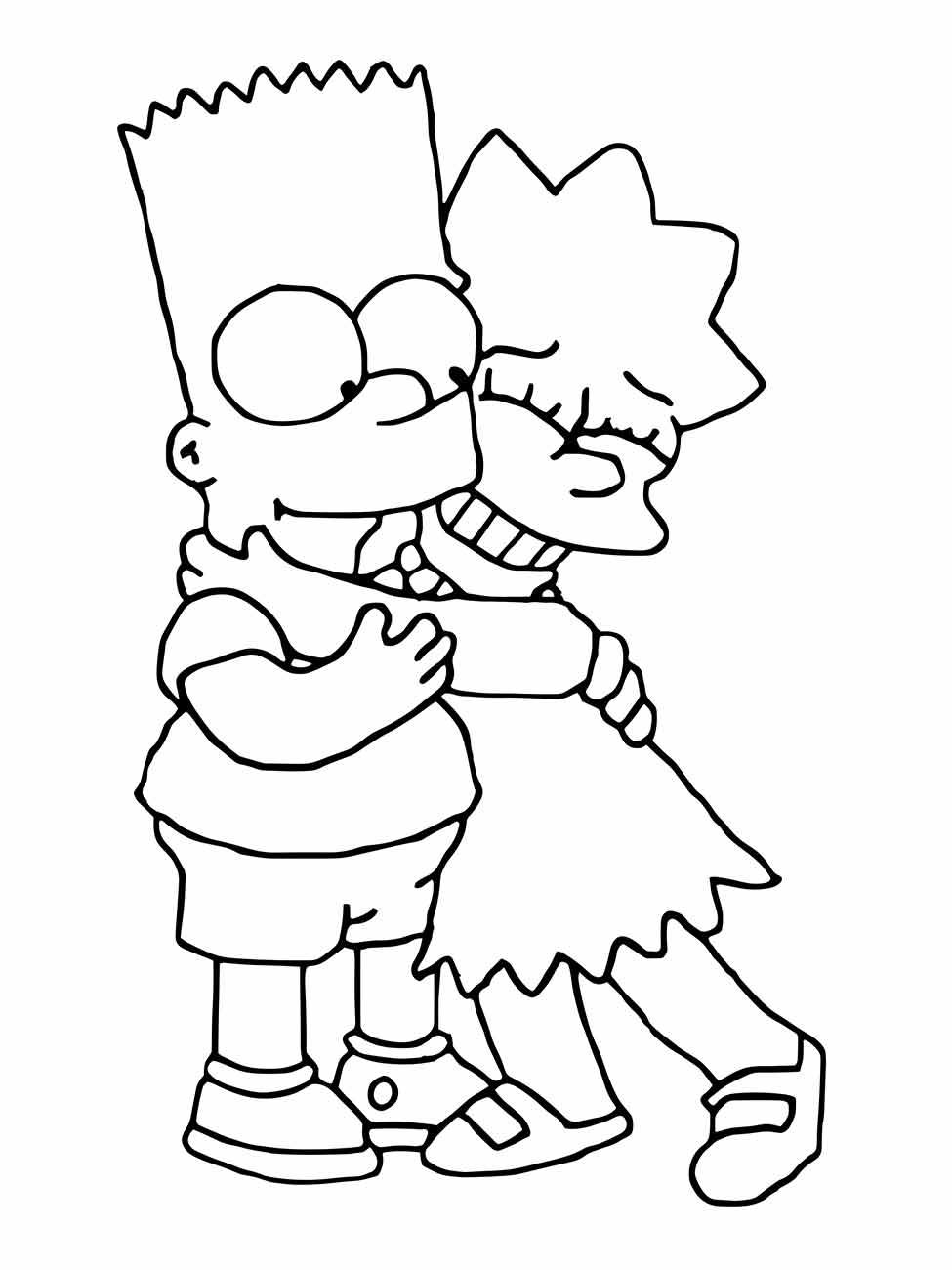 Desenho para colorir Bart abraçando Lisa.